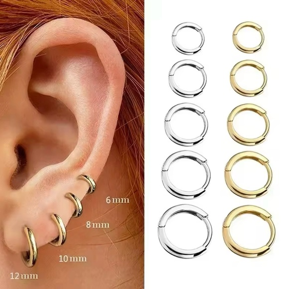 8mm Gold-Plated Stainless Steel Hoop Earrings – Small Unisex Cartilage Hoops - Picture 2 of 3
